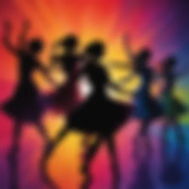 Silhouettes of dancers in motion against a colorful backdrop