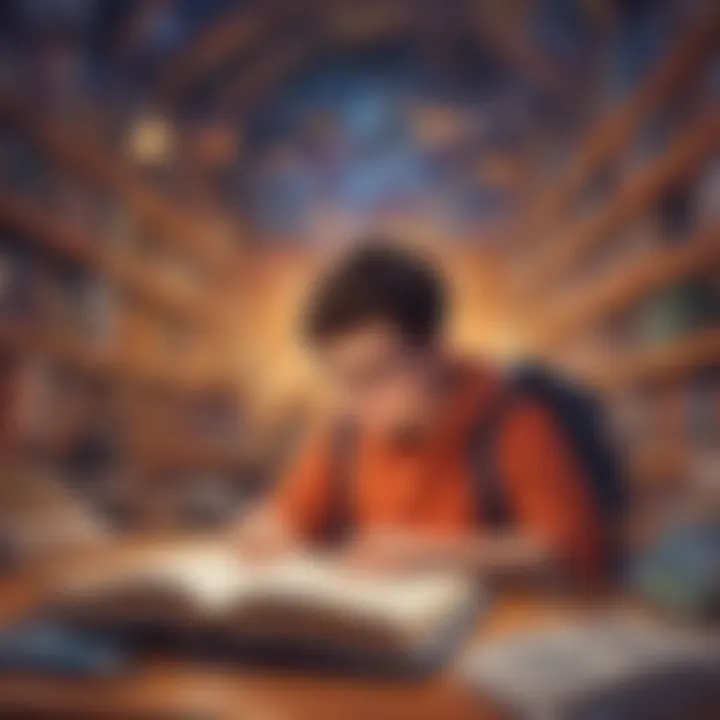 Illustration of a young student immersed in a digital reading adventure