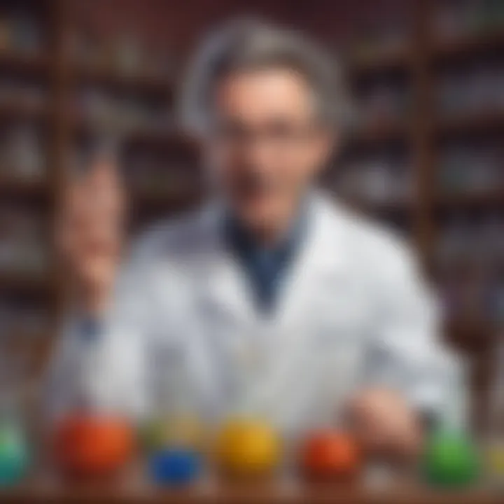 A cartoonish scientist surrounded by bubbling potions.