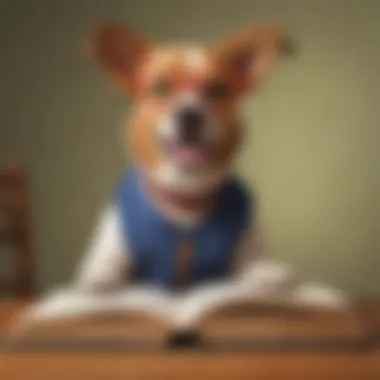 A playful dog wearing glasses, sitting with a book.