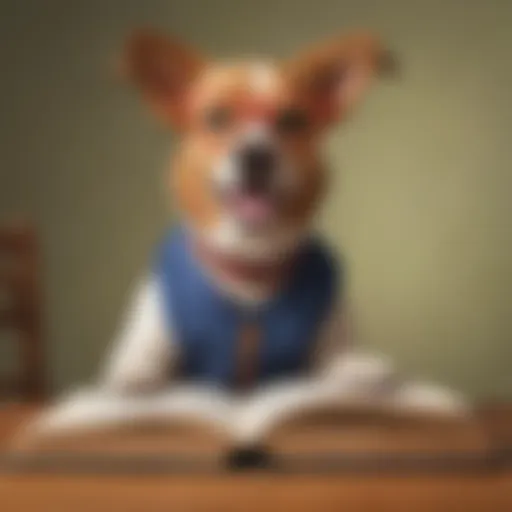 A playful dog wearing glasses, sitting with a book.