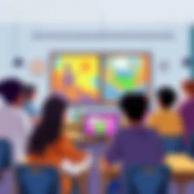A vivid scene depicting students engaging with interactive art games in a classroom setting