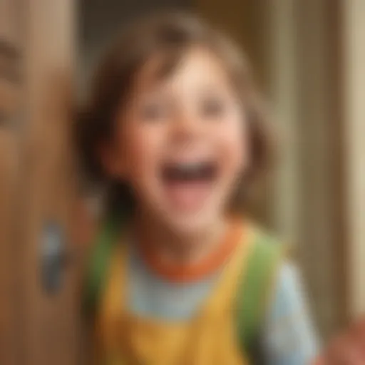 A child laughing while telling a knock-knock joke.