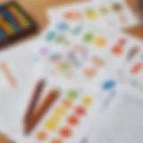 A colorful array of educational worksheets spread out on a table, showcasing various subjects and themes.