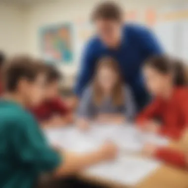 Educator and Student Collaboration An educator reviewing a collection of worksheets with a group of students, promoting collaboration.