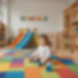 A colorful play area designed for toddlers, featuring soft mats and toys that encourage exploration.