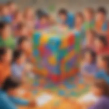 Collaborative Problem-Solving Adventure Vibrant illustration of a mathematical puzzle being unravelled by a group of elementary school children