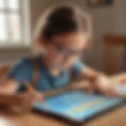 Child using a math app on a tablet, engaged in learning.