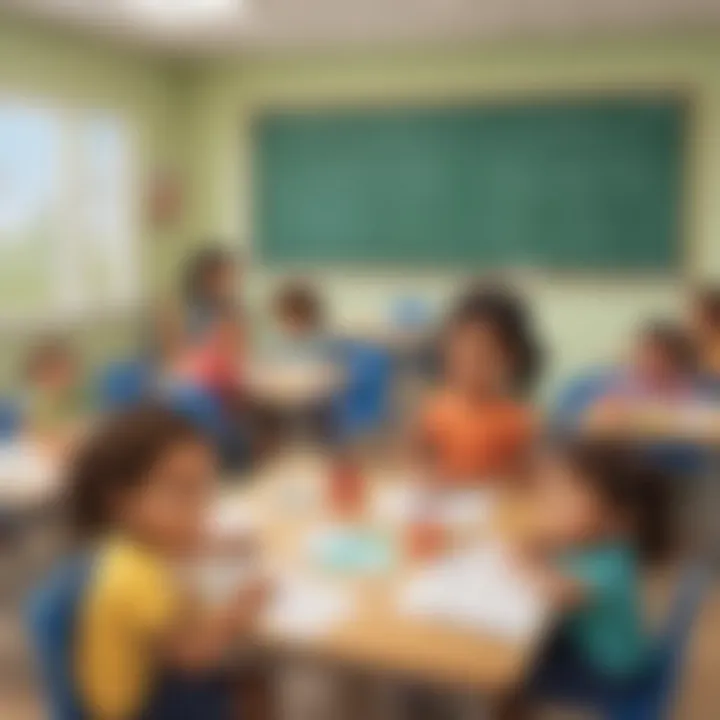 Illustration of kindergarten classroom with math word problems on board