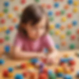 Young child solving math word problem with colorful blocks