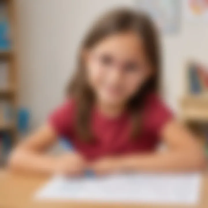 Happy kindergarten student completing a math word problem worksheet