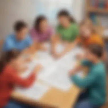 Teamwork in Solving Math Challenges A group of students collaborating to solve math word problems, showcasing teamwork.