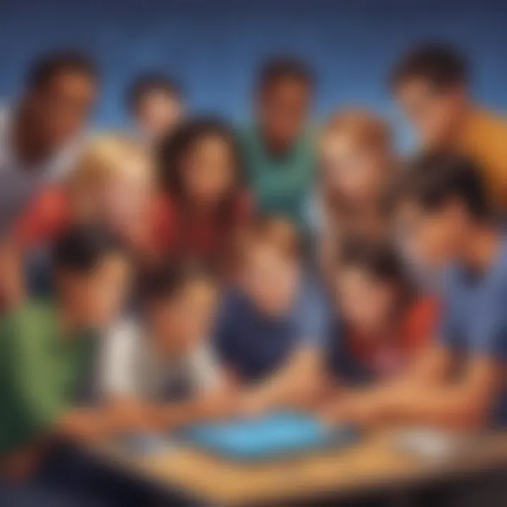 Illustration of a diverse group of elementary students collaborating on a math online game