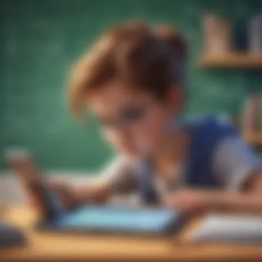 Illustration of a young student solving math problems on a digital tablet