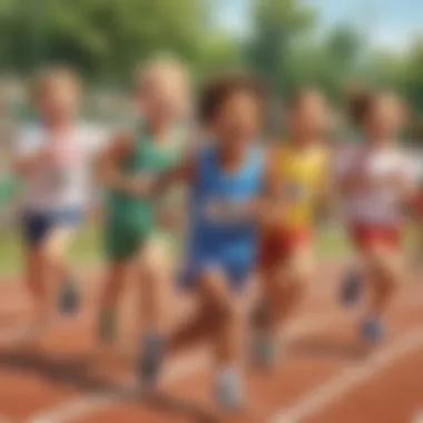 Group of kids laughing and running on a track during a relay race