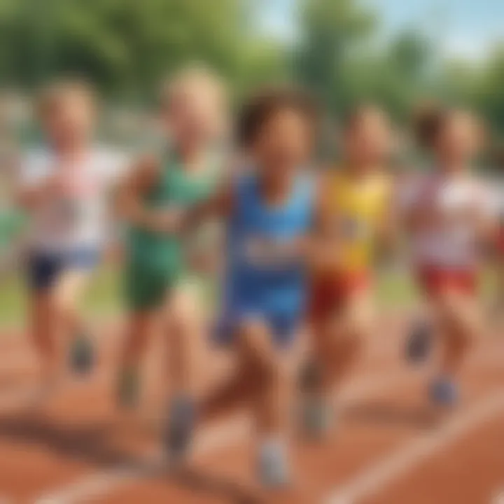 Group of kids laughing and running on a track during a relay race