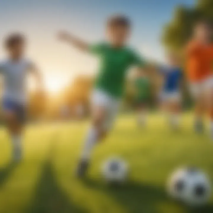 Kids kicking a soccer ball on a green field under the sun