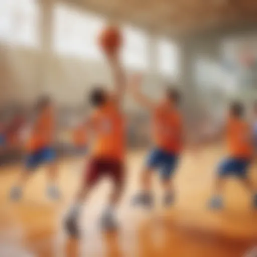 Young children playing basketball in a vibrant gymnasium