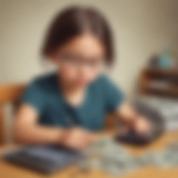 A young student counting bills and coins with a calculator.