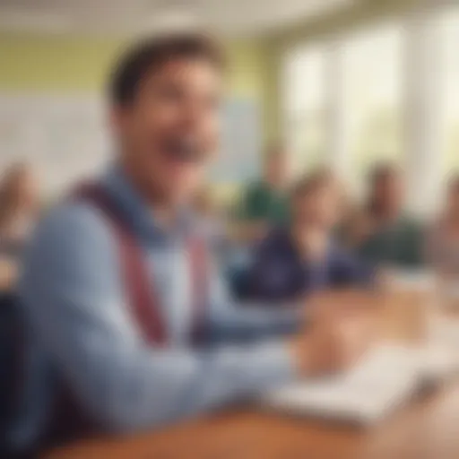 A student laughing at a dad joke in a classroom setting