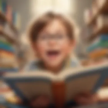 Young Reader Engagement Illustration of a young child immersed in reading with excitement