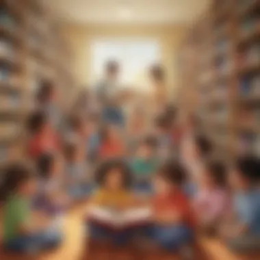 Virtual Library Exploration Illustration of a diverse group of kindergarten students learning from a virtual library
