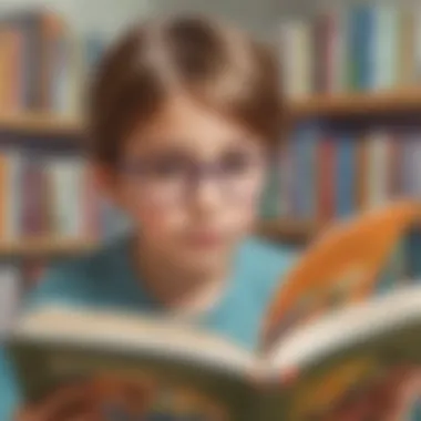 A close-up of a young reader thoroughly engrossed in a colorful nonfiction book.