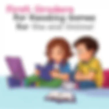 First graders enjoying a reading game on a tablet