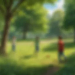 Kids playing a game of tag in a lush green park