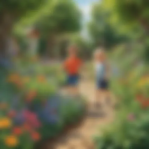 Preschoolers joyfully exploring a colorful garden