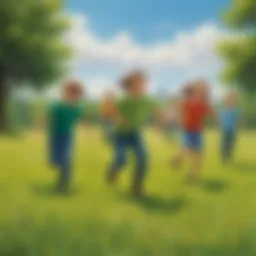 Children playing tag in a green field
