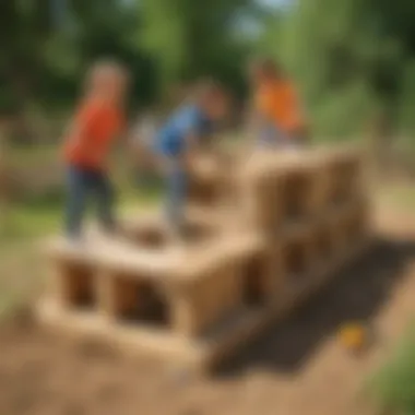 Group of children building a creative outdoor obstacle course