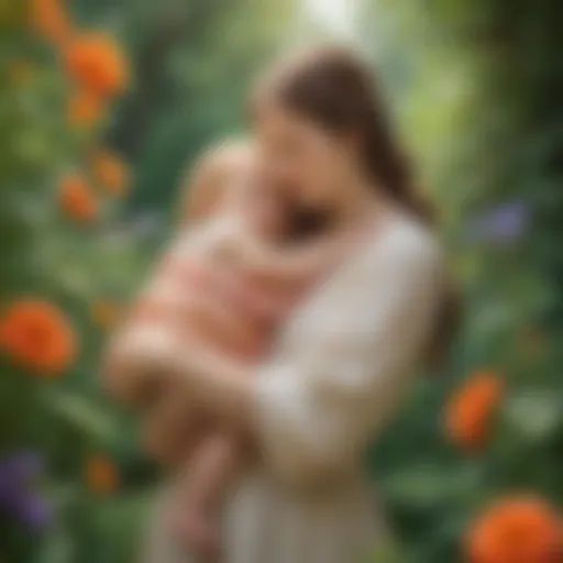 A mother cradling her child in a serene garden, symbolizing nurturing love.