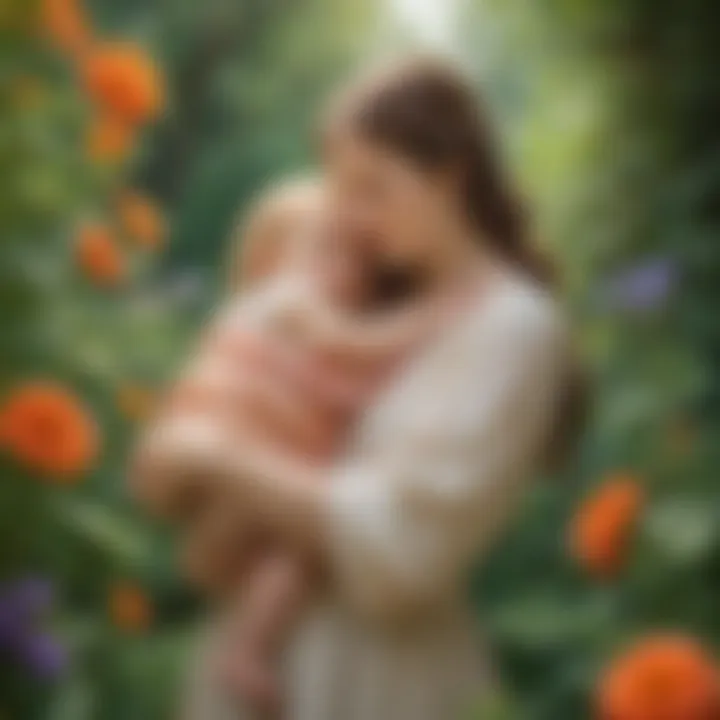 A mother cradling her child in a serene garden, symbolizing nurturing love.