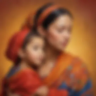 An artistic representation of a mother and child in various cultural attires.