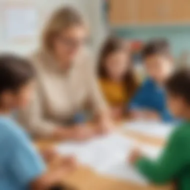 Teacher guiding students with counting worksheets