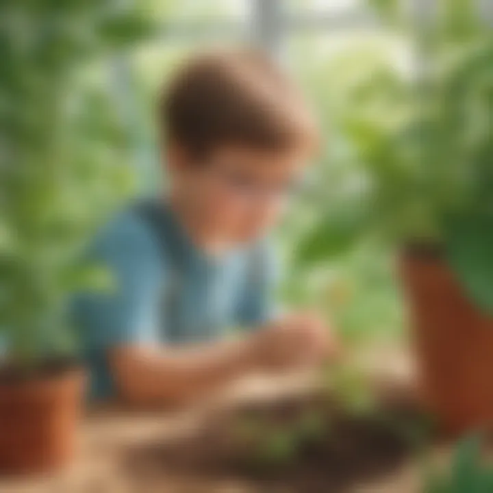 Preschooler observing plant growth