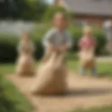 Children playing a classic game of sack race in the yard