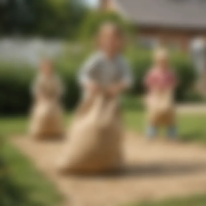 Children playing a classic game of sack race in the yard