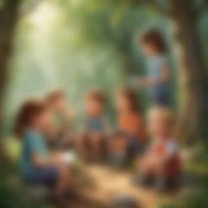 Illustration of kindergarten children listening to nature sounds