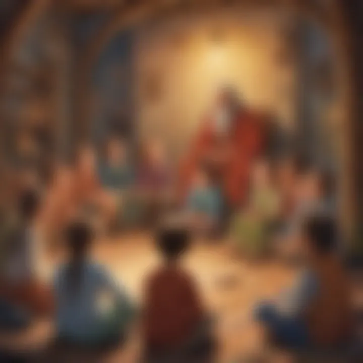 A scene depicting a group of children gathered around a storyteller