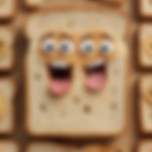 Two slices of bread with faces drawn on them, one with a surprised expression and the other smiling