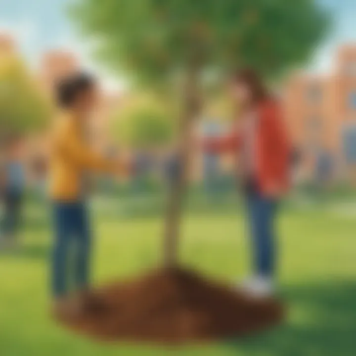 Illustration of a student planting a small tree as a gesture of appreciation for a teacher