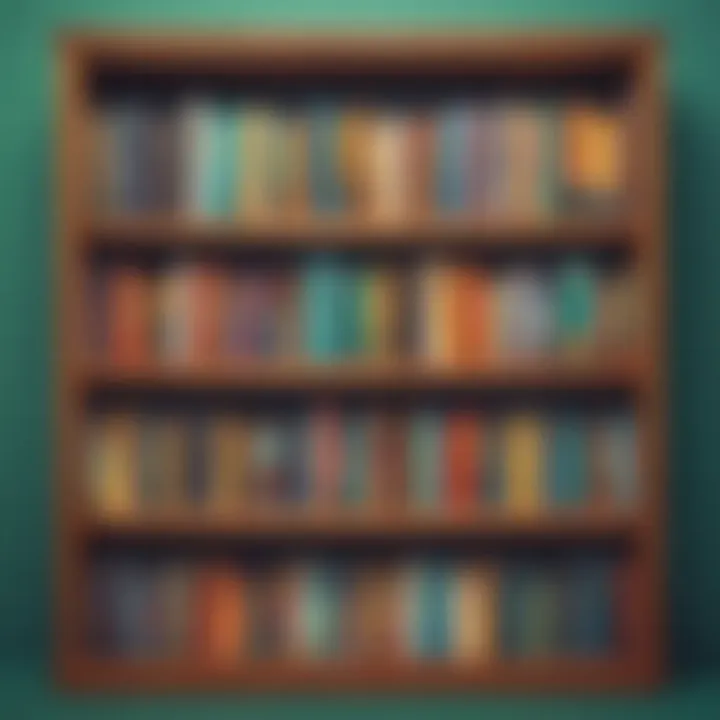 An illustration of a bookshelf filled with digital books