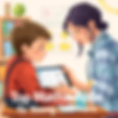 Educator Helping with Maths Educator assisting a child with math problems using an app