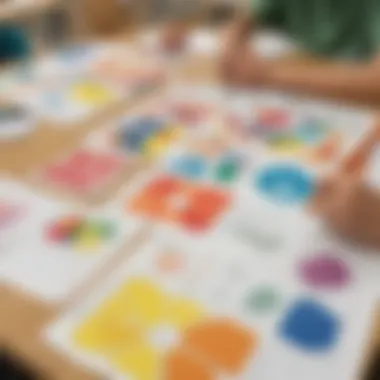 An array of Colour by Shape worksheets displayed on a classroom table.