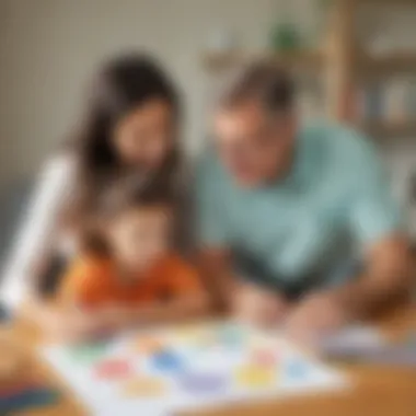 A parent assisting a child with a Colour by Shape worksheet at home, fostering learning.