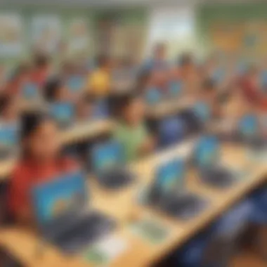 A classroom setting with kids using computers for educational games