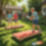 Children playing a game of cornhole in a sunny backyard