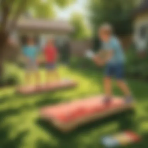 Children playing a game of cornhole in a sunny backyard